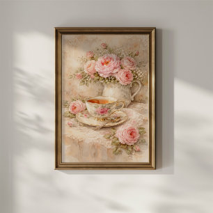 Poster Xícara de Chá com Rosas