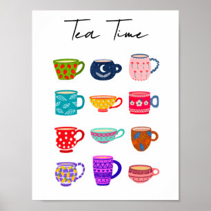 Poster Xícaras Coloridas de Aquarela para Hora do Chá na