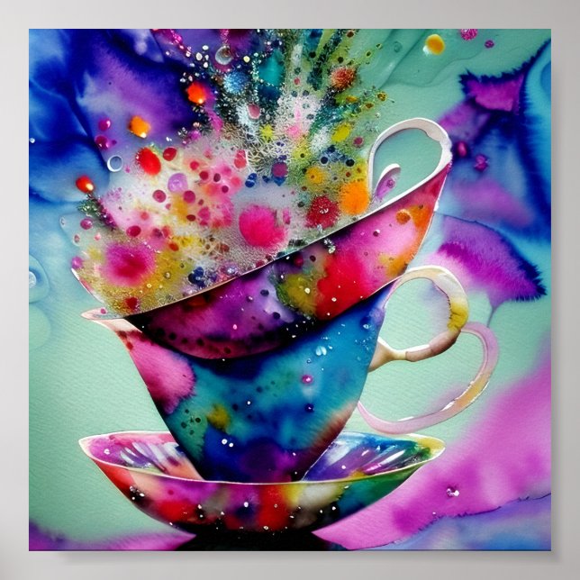 Poster Xícaras de chá com respingos de aquarela (Frente)