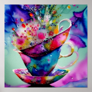 Poster Xícaras de chá com respingos de aquarela