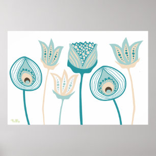 Poster XL Turquoise Aqua Vintage Funky Flower Art