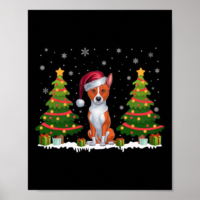 Poster Xmas Tree Lights Basenji Dog Santa Hat Natal S (Frente)