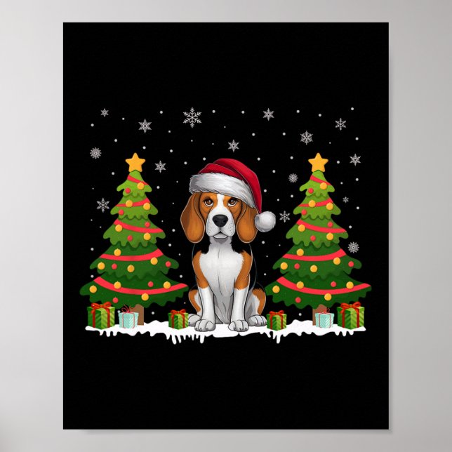 Poster Xmas Tree Lights Beagle Dog Santa Hat Sw de Natal (Frente)
