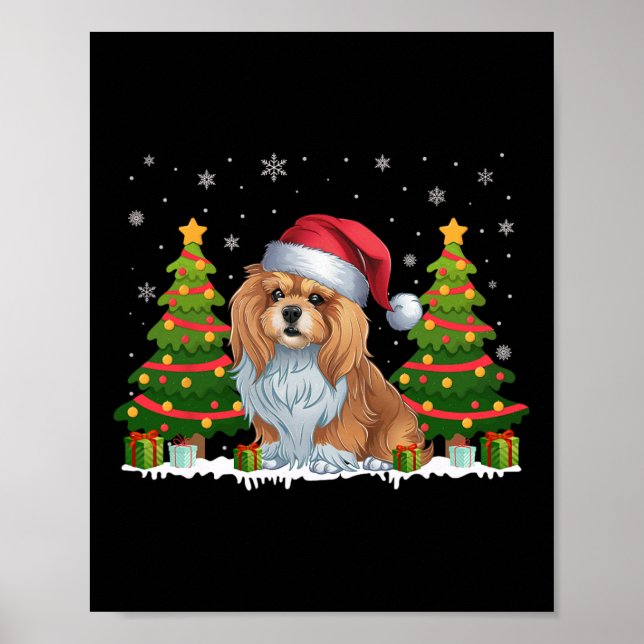 Poster Xmas Tree Lights Lhasa Apso Cão Santa Hat Christma (Frente)