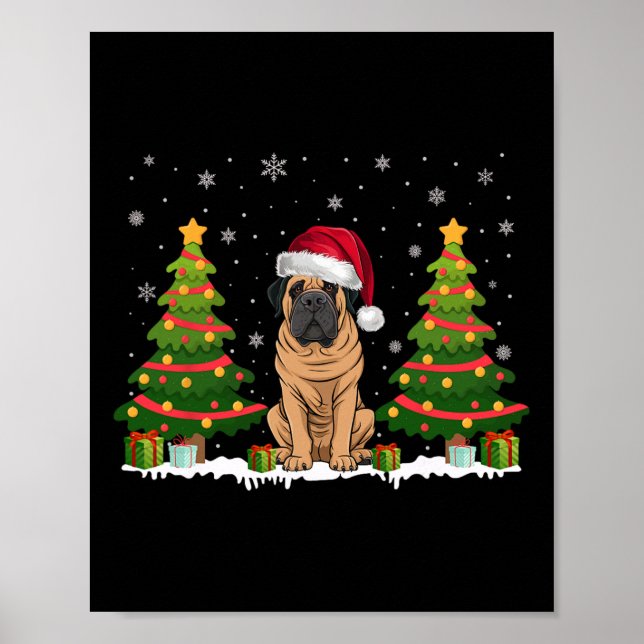 Poster Xmas Tree Lights Mastiff Dog Santa Hat Natal S (Frente)