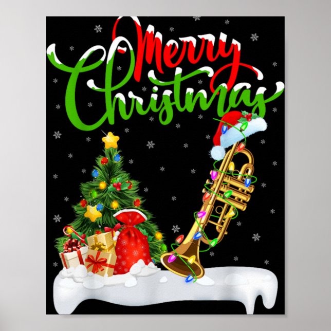 Poster Xmas Tree Lights Santa Hat Musical Trumpet Christm (Frente)