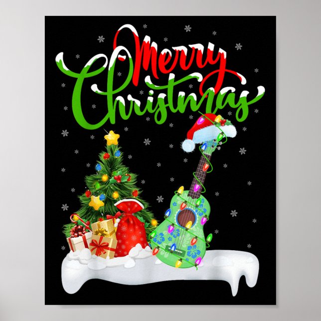 Poster Xmas Tree Lights Santa Hat Musical Ukulele Guitar  (Frente)