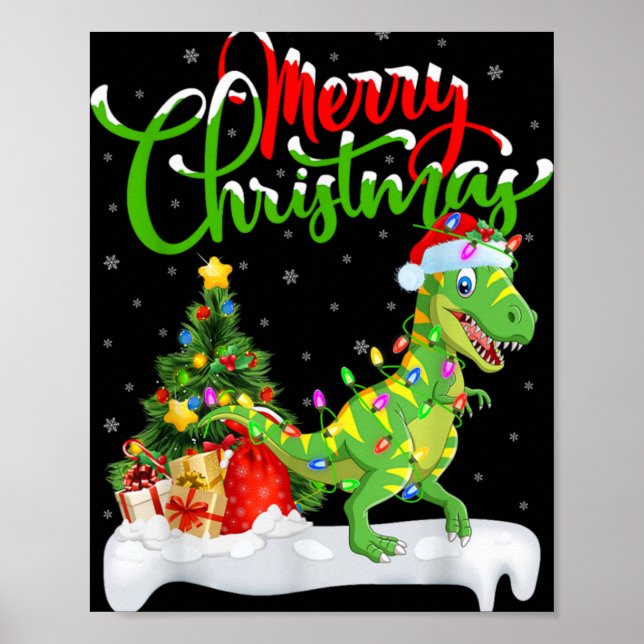 Poster Xmas Tree Lights Santa Hat T Rex Dinosaur Christma (Frente)