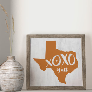 Poster XOXO, Y'all - Forma do Estado do Texas em Laranja 