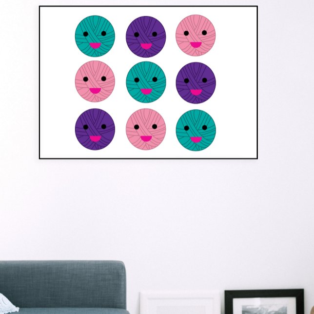 Poster Yarn Kawaii - Lábio Púrpura Rosa (A fun poster featuring kawaii balls of yarn in pink, purple and teal)