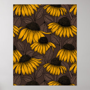 Poster Yellow coneflowers on dark brown
