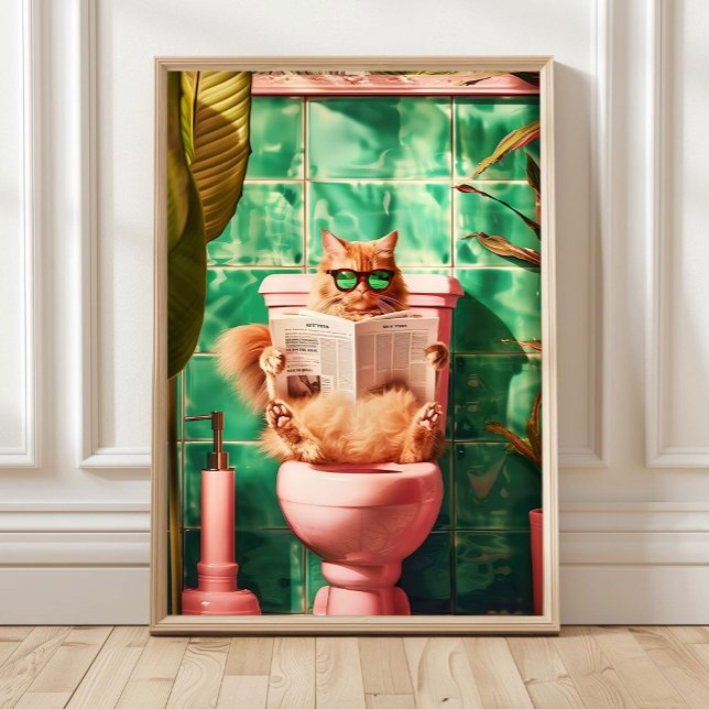 Poster Yellow Funny Orange Cat Toilet Print, Trendy Bathr (Criador carregado)