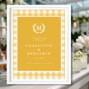 Poster Yellow Gingham Monographic Crest Casamento Bem-vin