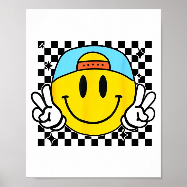 Poster Yellow Smile Face Cute Checkered Peace Smiling Hap (Frente)