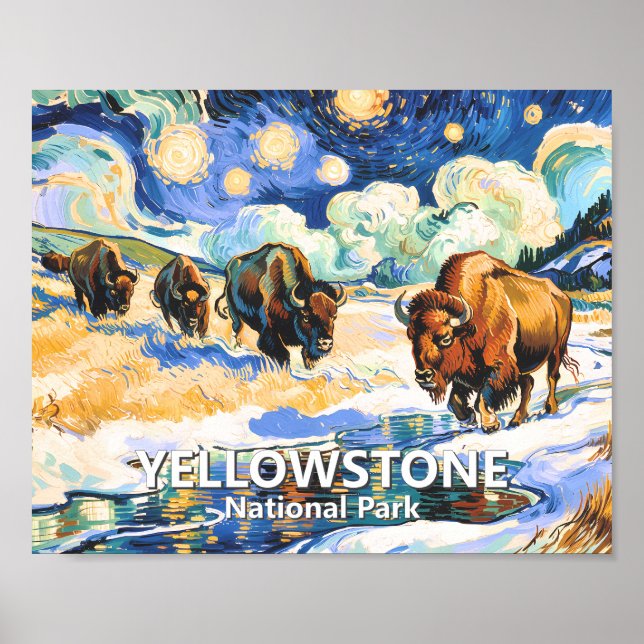 Poster Yellowstone Bison Colorful Retro Starry Night Art (Frente)