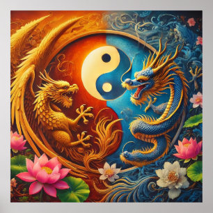 Poster Yin Yang com Dragon e Phoenix no meio de Lush Flor