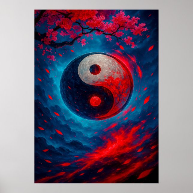 Poster Yin Yang Cósmico com Cherry Blossoms Fantasy (Frente)