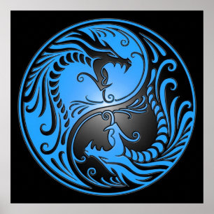 Póster Yin Yang Dragon, azul e preto