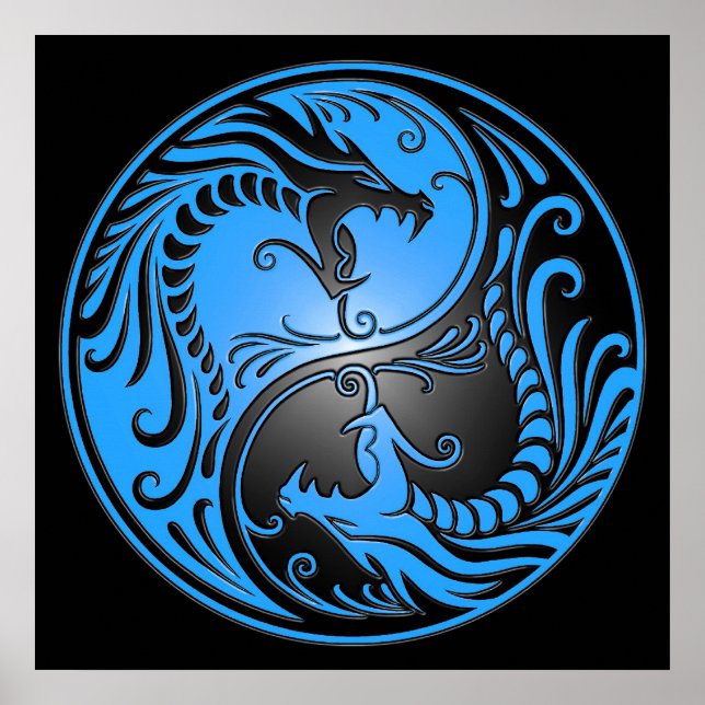 Póster Yin Yang Dragon, azul e preto (Frente)
