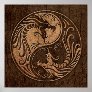 Póster Yin Yang Dragon com efeito de grão de madeira