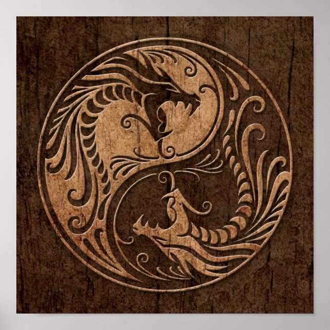 Póster Yin Yang Dragon com efeito de grão de madeira (Frente)