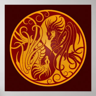 Póster Yin Yang Dragon, Voador Amarelo e Vermelho