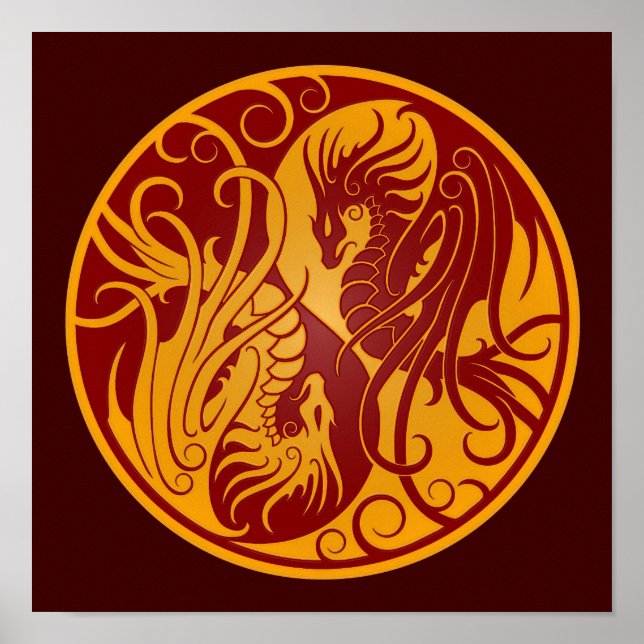 Póster Yin Yang Dragon, Voador Amarelo e Vermelho (Frente)