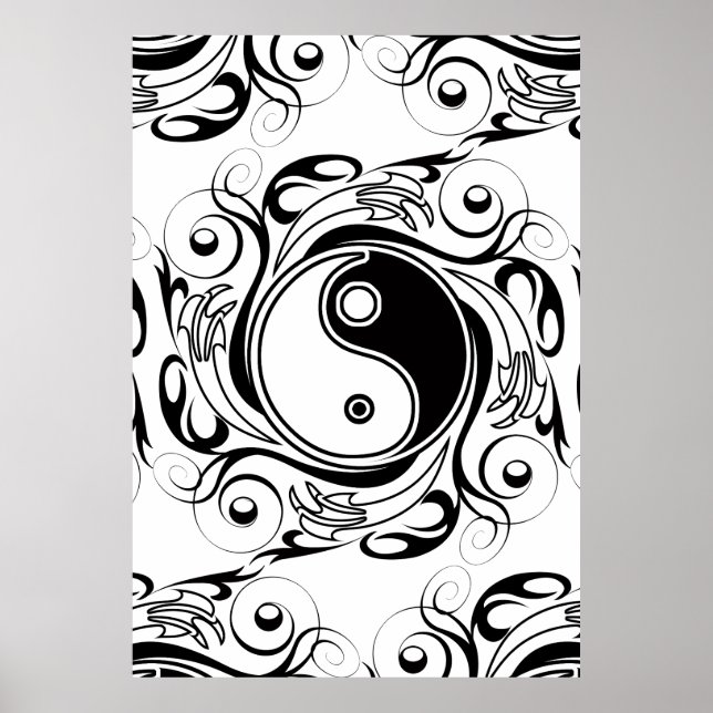 Poster Yin & Yang Symbol Black and White Tattoo Style (Frente)