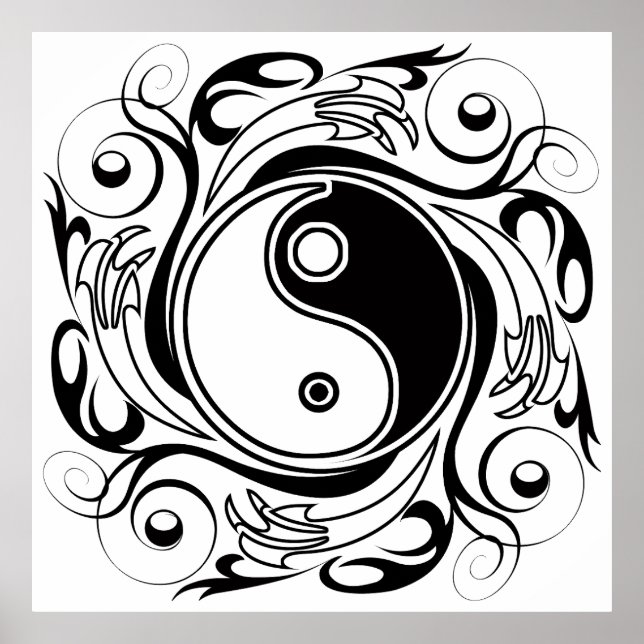 Poster Yin & Yang Symbol Black and White Tattoo Style (Frente)