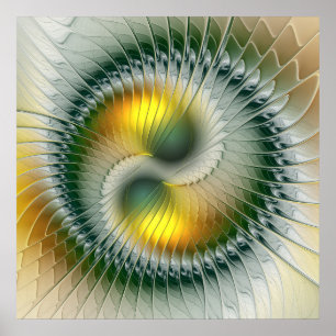 Póster Yin Yang Verde Amarelo Fractal Abstrato Colorido