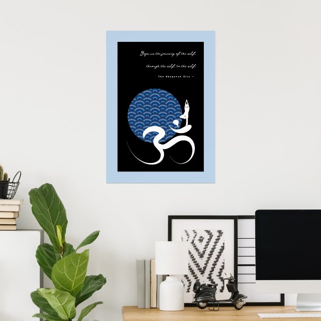 Poster Yoga Moderna Zen Yoga Azul Asiática Caligrafia Om  (Escritório em casa)