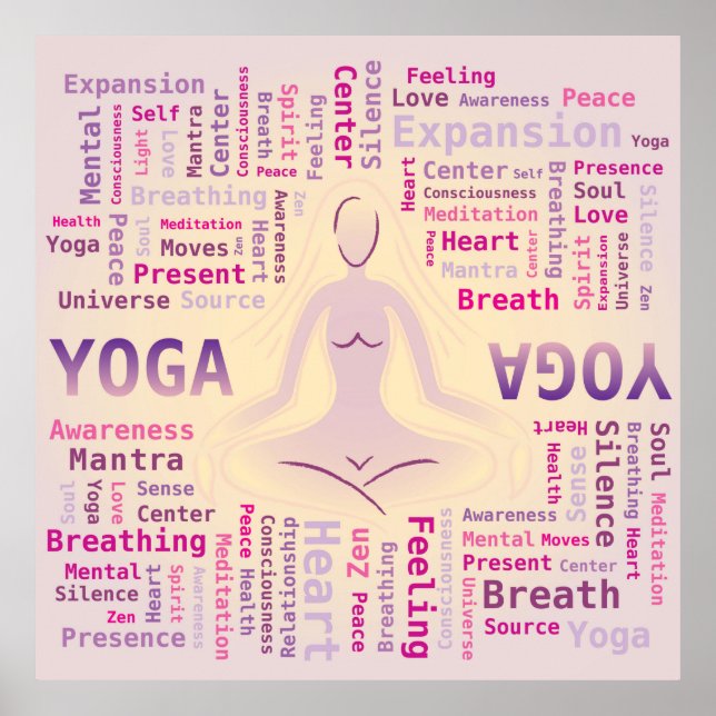Poster Yoga Word Cloud Pink e Yellow Colors (Frente)