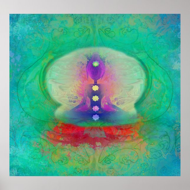 Póster yogi de carvão com todas as cores chakra e ohm (Frente)