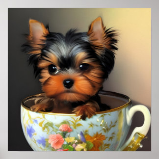 Poster Yorkie Adorável Em Uma Pintura Digital Teacup
