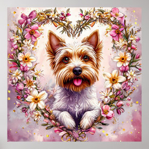 Poster Yorkie Adorável Rodeado por Coroa Floral