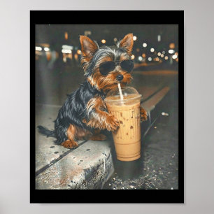 Poster Yorkie bebendo café gelado meme engraçado de anima