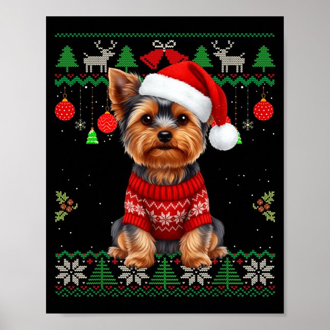Poster Yorkie Dog Christmas Wearing Ugly Christmas Sweate (Frente)