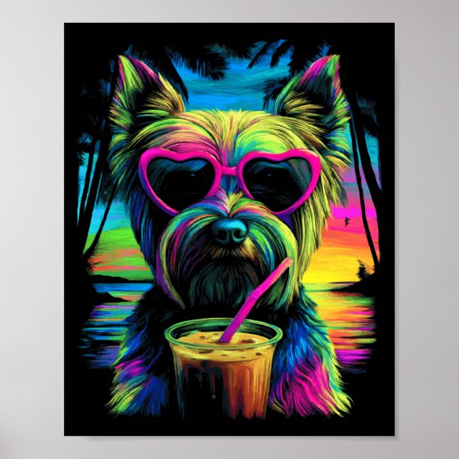 Poster Yorkshire Terrier com Sungles Café Gelado Verão (Frente)