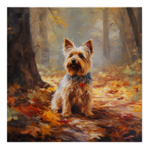Póster Yorkshire Terrier em Autumn Leaves Cai Inspire