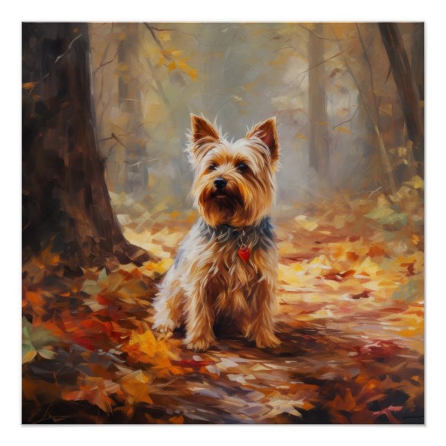 Póster Yorkshire Terrier em Autumn Leaves Cai Inspire (Frente)