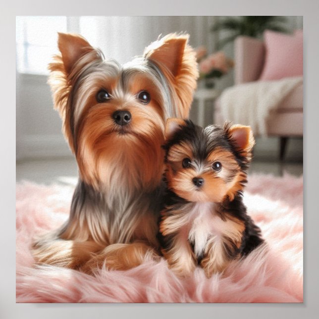 Poster Yorkshire Terrier mãe e seu filhote (Frente)