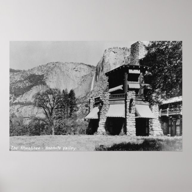 Póster Yosemite, CA - O Bordo Ahwahnee e o Vale (Frente)