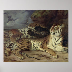 Póster Young tiger playing with his mother, 1830 (oil on