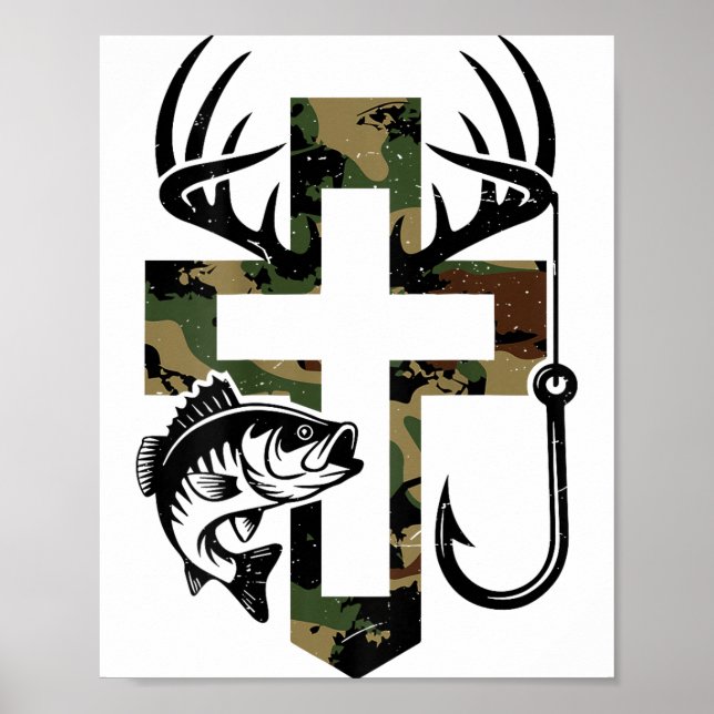 Poster Youth Camo Faith Hunting Fishing Cross Hook Christ (Frente)