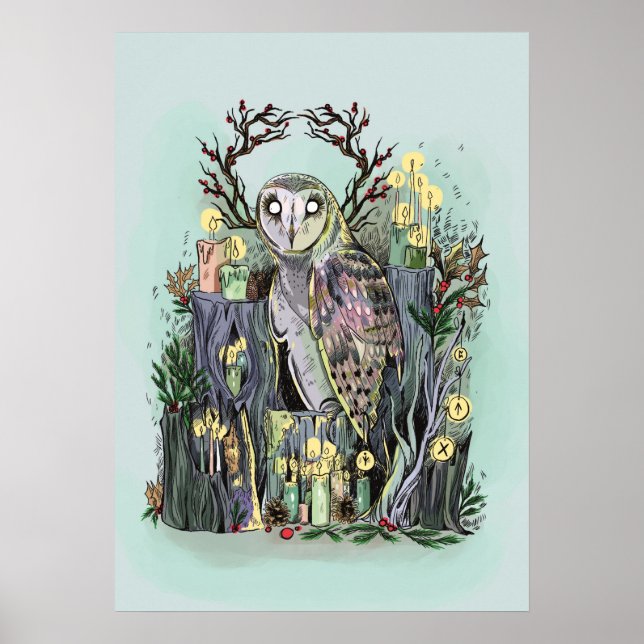 Poster Yule Winter Solstice Barn Owl Com Corridas (Frente)