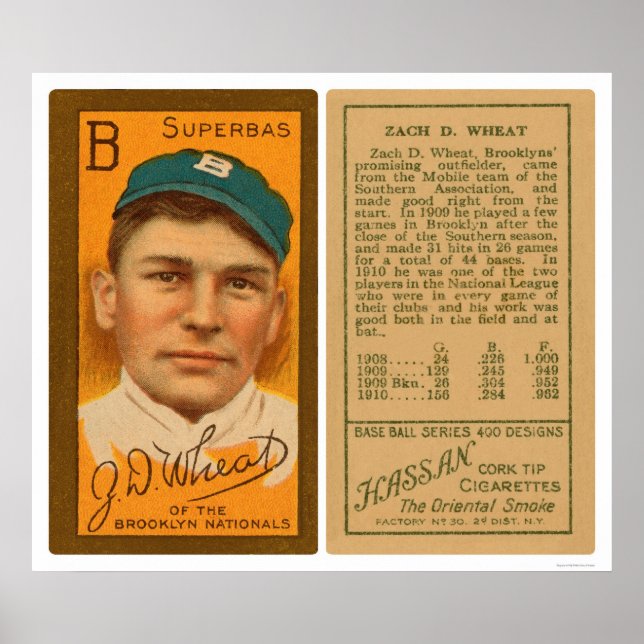 Poster Zack Wheat Brooklyn Superbas Baseball em 1911 (Frente)