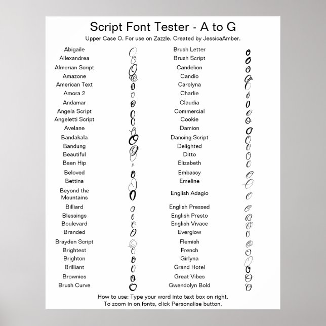 Poster Zazzle Script Font A - G Comparison - Upper Case O (Frente)