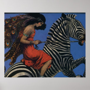 Poster Zebra Antigo com Mulher Cavalgando em Estilo Art N