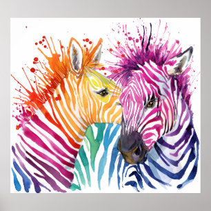 Poster zebra arco-íris, ilustração selvagem com cor d'águ