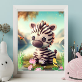 Poster Zebra Cura perto de um lago com flores e arte de p